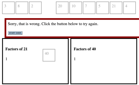 table where player drags numbers into box showing it is a factor of the number in that box