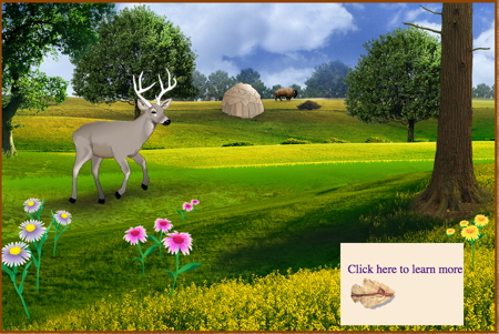 New page with field, trees, deer and a wigwam in the background