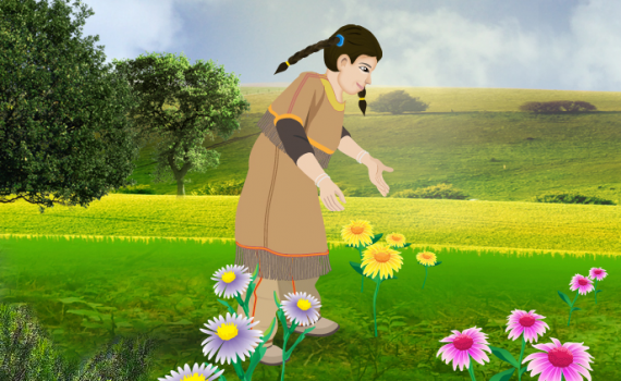 girl picking flowers in meadow