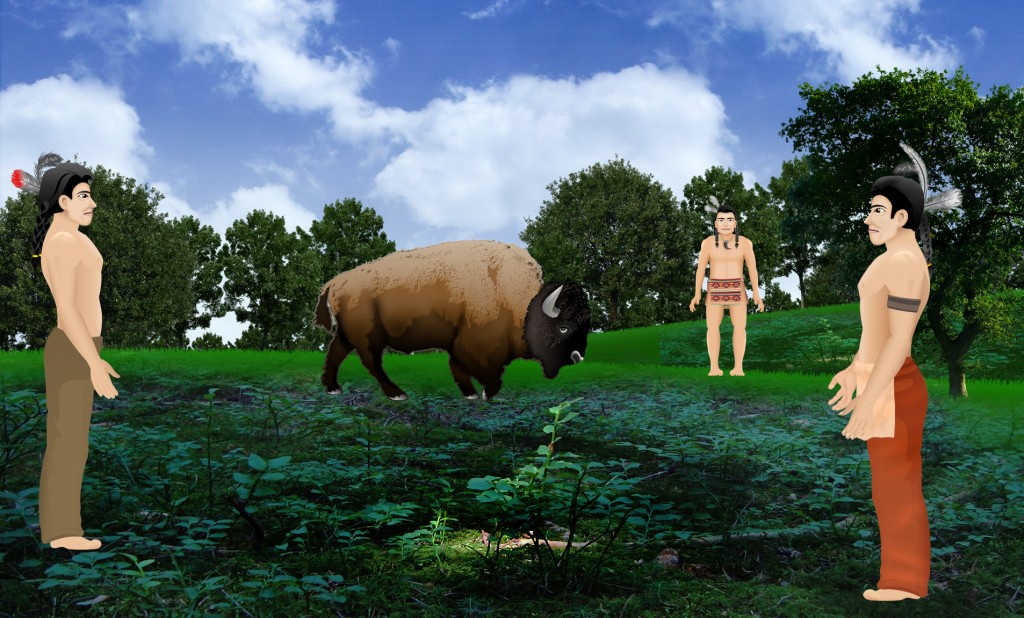 3 men and a buffalo