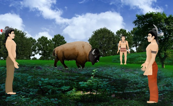 3 men and a buffalo