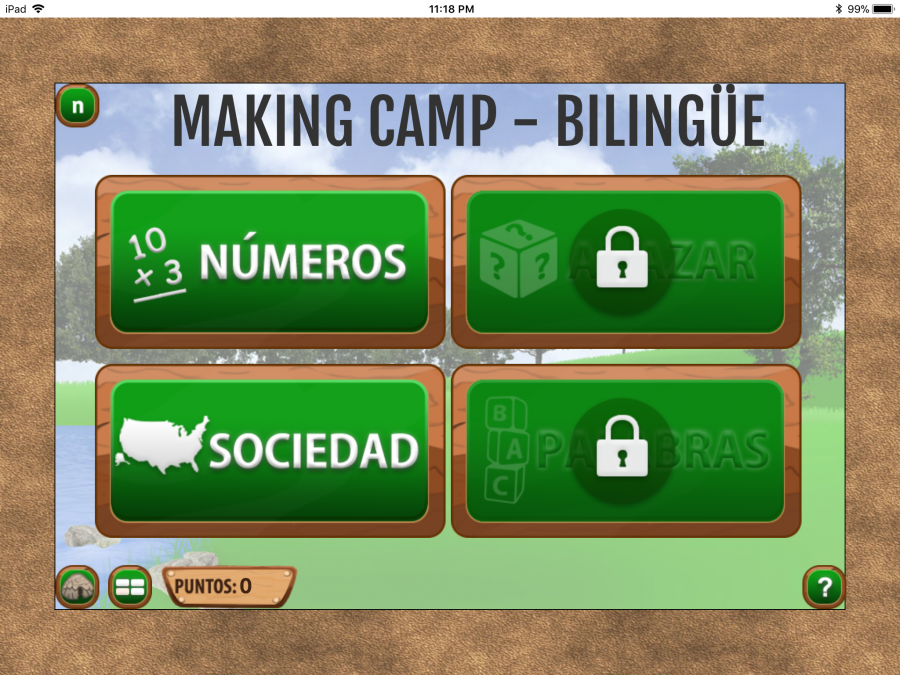 Choice screen with option of números and sociedad