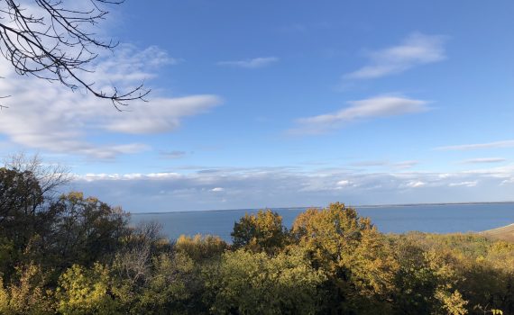 North Dakota lake as seen from top of a hill