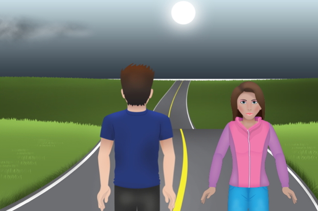 Girl and boy facing different directions on a road