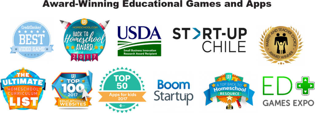 Awards we have won include Back to HomeSchool Award, Parent and Teacher Choice Award, Top 50 Apps for Kids and Top 100 Educational Websites