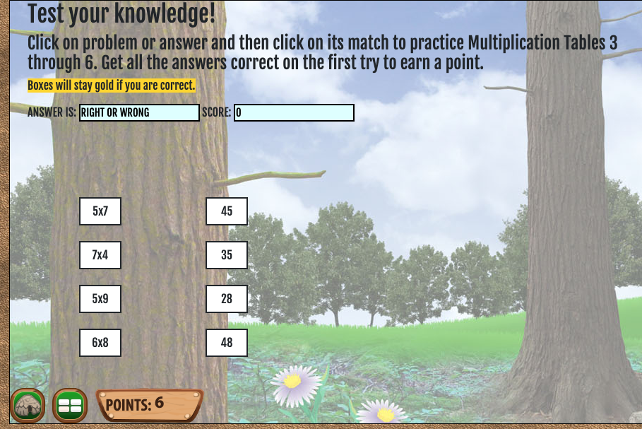 Matching game for teaching multiplication