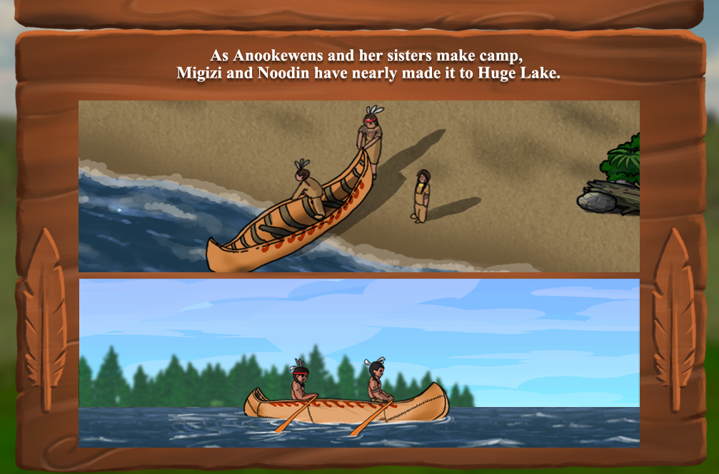 Fish Lake software to teach, test and track knowledge of fractions -features high quality artwork like these images of two men getting in a canoe and canoeing down the river