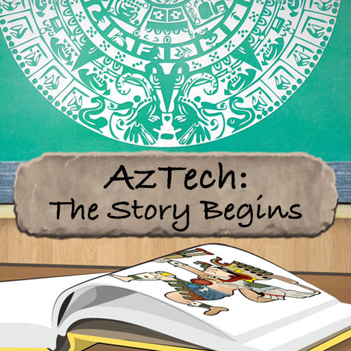 AzTech: The Story Begins - book on desk  with picture of Mayan god-king