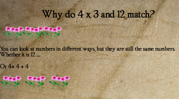 12 flowers together and 3 groups of 4 flowers, illustrating multiplication