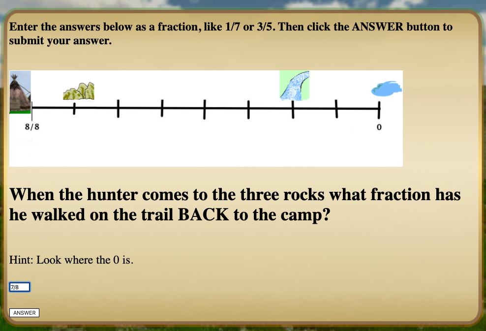 When the hunter comes to the three rocks what fraction has he walked on the trail BACK to camp?