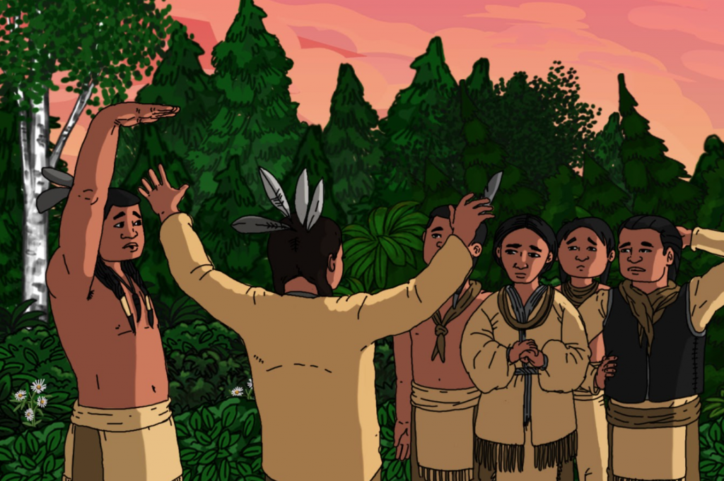 Ojibwe men talking outside