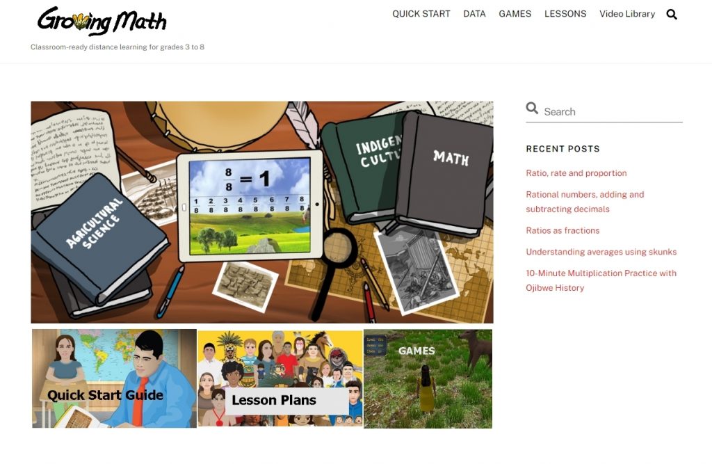 Screenshot of website showing books on agricultural science, math and Indigenous culture and game being played on an iPad teaching fractions.
