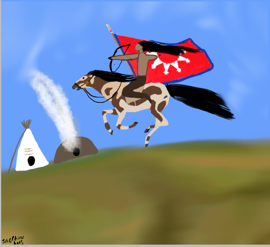 Digital art of a Lakota horseman atop a galloping horse wielding a bow and a Lakota tribal flag by a Native American student