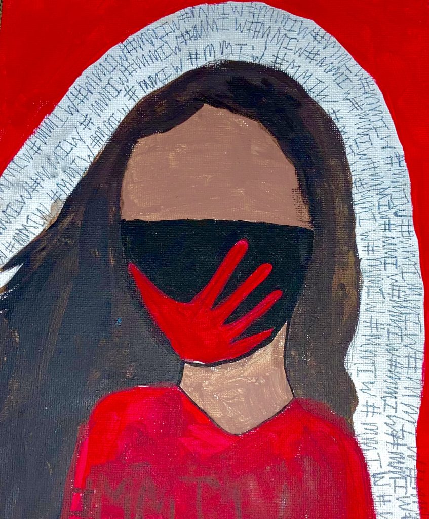 Depiction of a woman with a red handprint on her mouth to symbolize the MMIW movement by Native American student