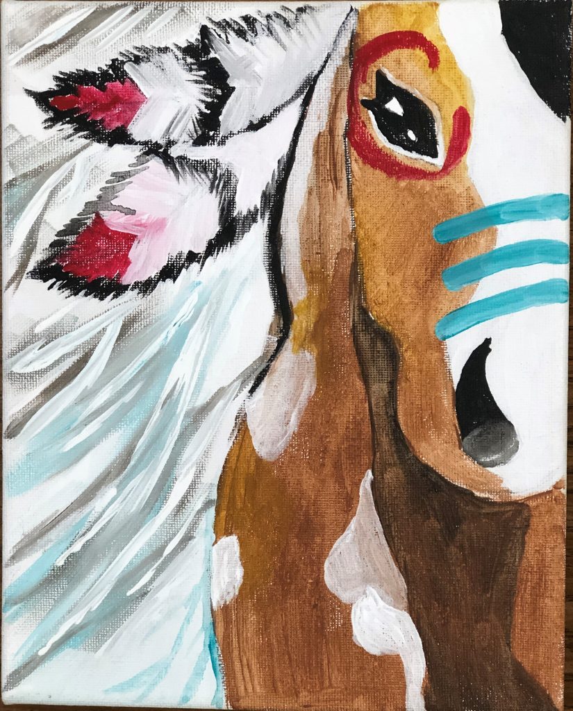Depiction of a close-up of a horse with painted designs on its body and feathers its mane by a Native American student
