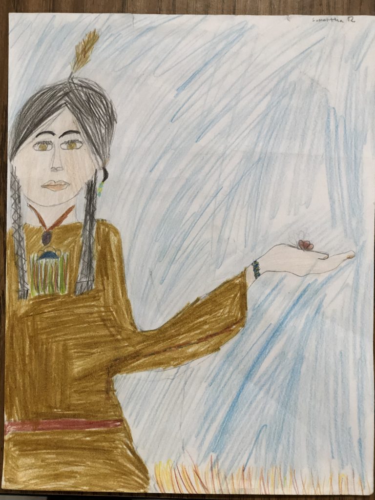 Depiction of Native American holding a bitter root plant by a Native American student