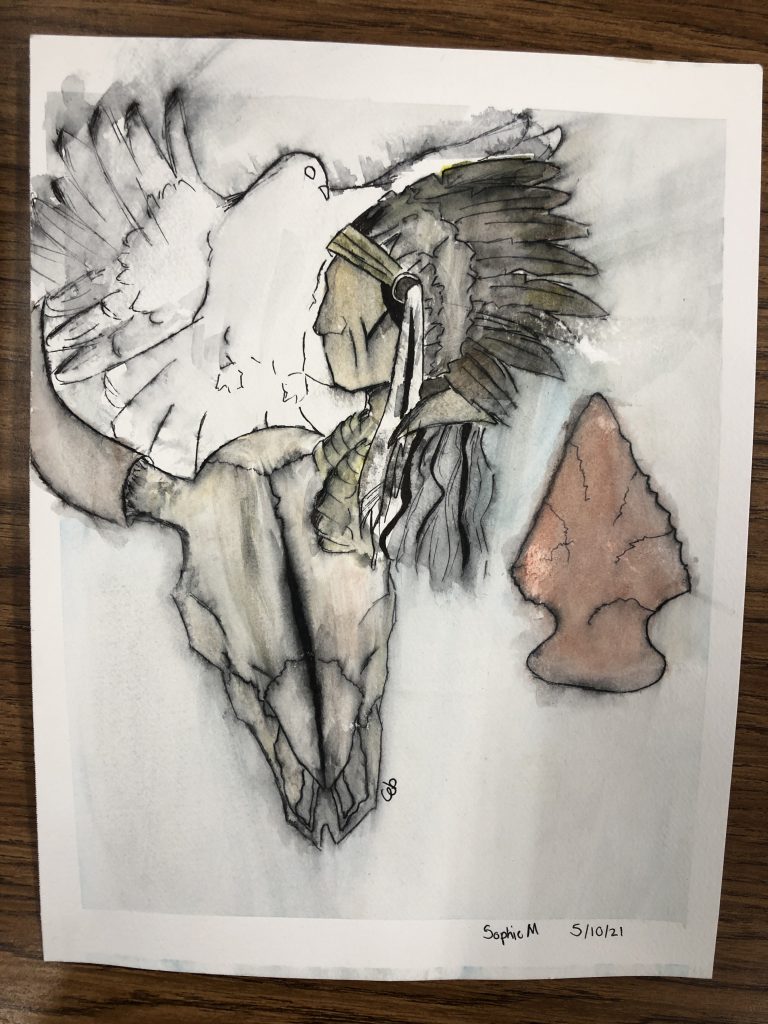 Depiction of a Native American in a feather headdress with a dove, an arrowhead and a buffalo skull by a Native American student