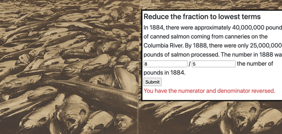 Wrong answer to a math problem set over a background of dead fish in a cannery