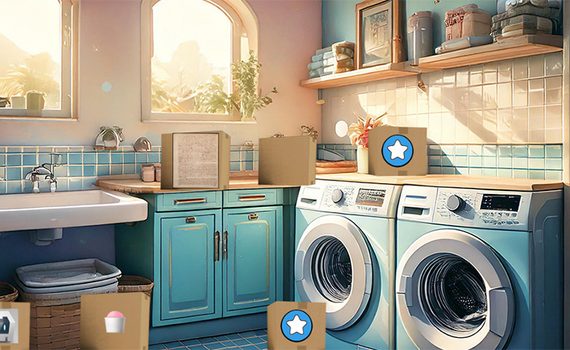 laundry room with several cardboard boxes